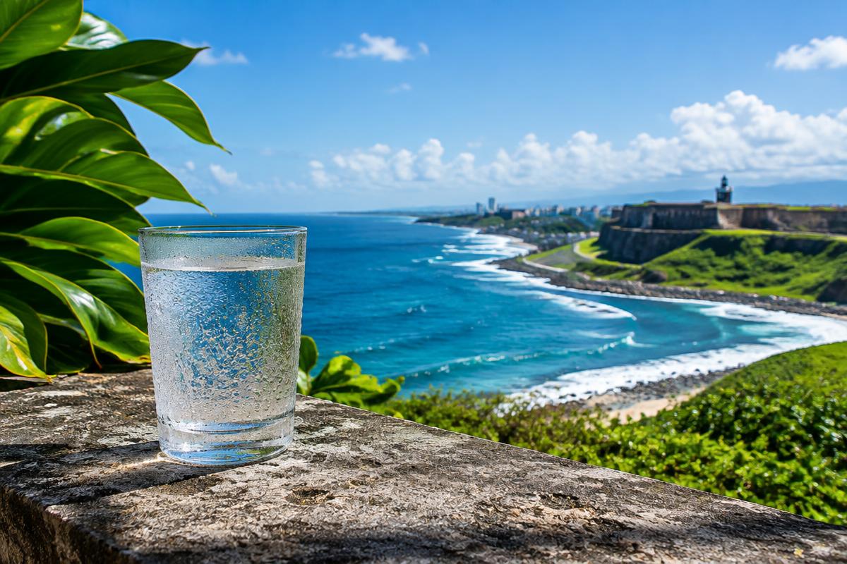 A cool glass of water overlooking the Puerto Rico coast