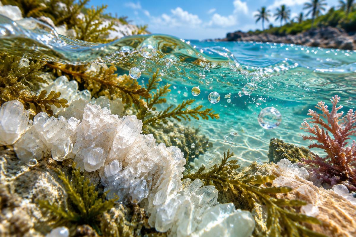 Marine botanicals and mineral crystals beneath clear Caribbean water